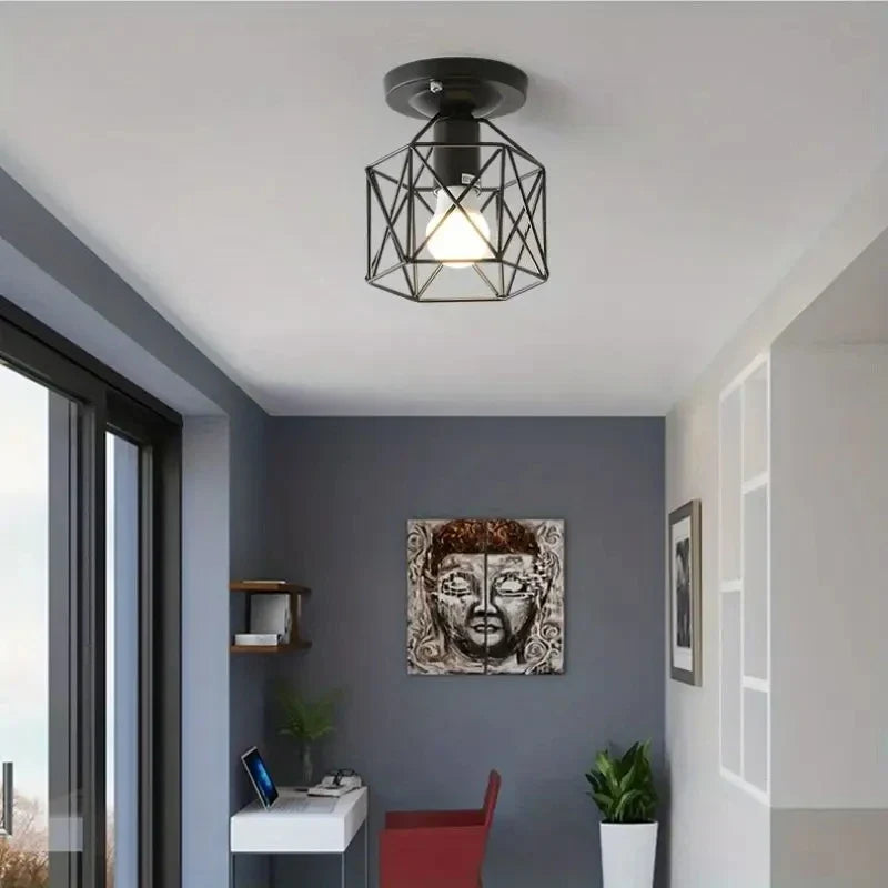 Modern Geometric Metal Cage Ceiling Light – Compact Gold or Black Iron Flush Mount for Hallway, Bathroom, Balcony & Entryway