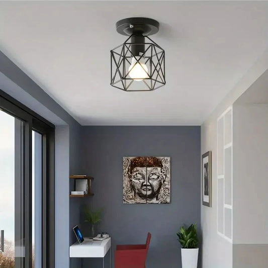 Modern Geometric Metal Cage Ceiling Light – Compact Gold or Black Iron Flush Mount for Hallway, Bathroom, Balcony & Entryway
