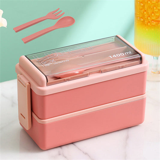 1400ml Double-Layer Bento Lunch Box with Fork & Spoon – Microwave-Safe Locking Food Container for Kids & Adults, Pink or Green