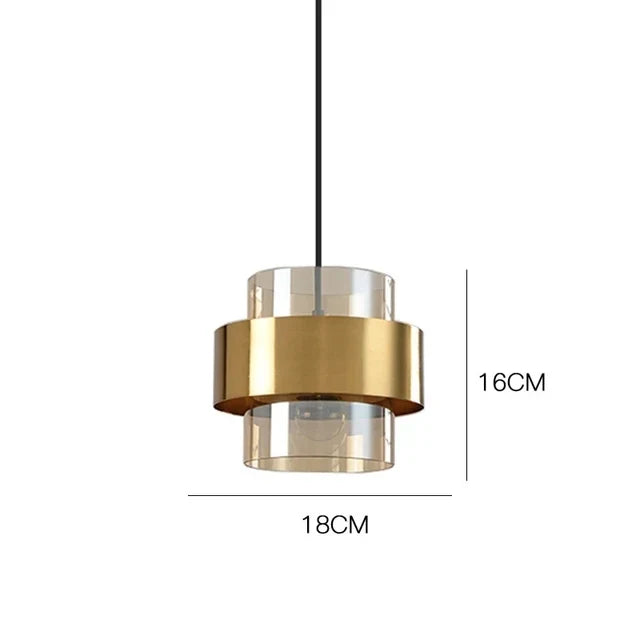 Nordic Smoked Glass Pendant Light with Brushed Brass Band – Modern Cylinder Hanging Lamp in Amber or Smoke Grey
