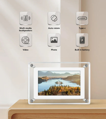 ClearFrame Acrylic Digital Photo Frame – 5 Inch IPS Display with Rechargeable Battery, Portable Video & Photo Player Gift
