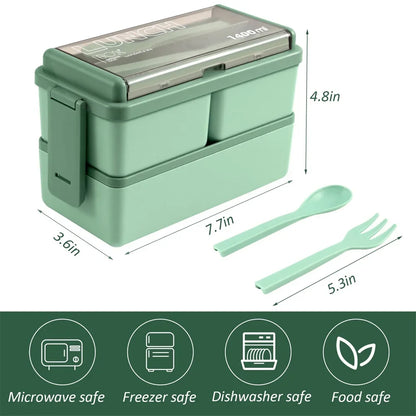 1400ml Double-Layer Bento Lunch Box with Fork & Spoon – Microwave-Safe Locking Food Container for Kids & Adults, Pink or Green