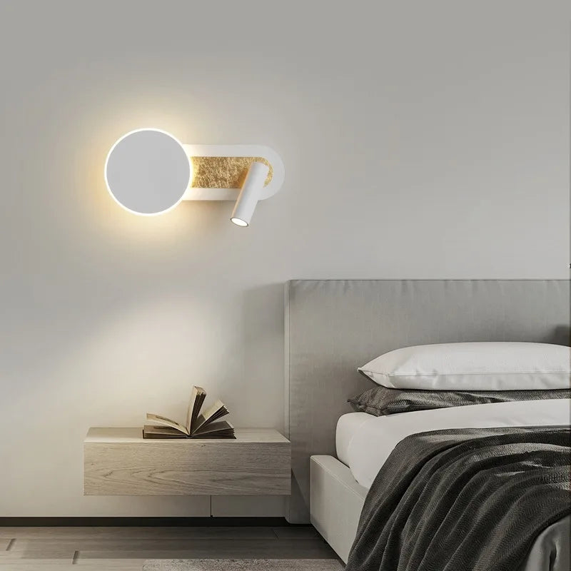 HaloBeam Dual LED Wall Light – Modern Nordic Ring Light with Adjustable Spotlight, Warm White Reading Lamp for Bedroom