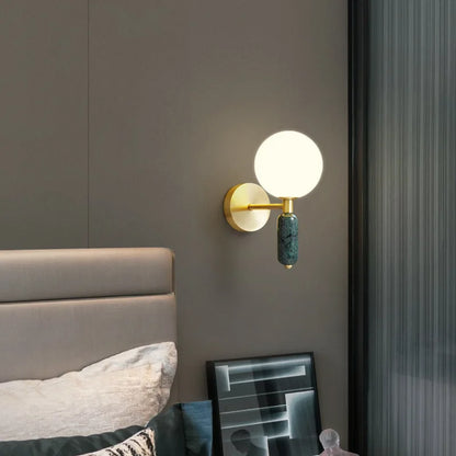 Luxury Marble & Glass Wall Sconce – Brushed Gold Designer Wall Lamp with Frosted Globe, White or Green Marble, Warm White