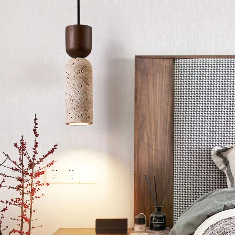 Wabi-Sabi Travertine & Walnut Pendant Light – Japanese-Inspired Minimalist Natural Stone Hanging Lamp for Bedside & Dining