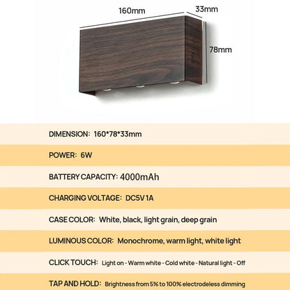 LumiBlock Rechargeable Wireless Wall Lamp – Magnetic or Adhesive No-Drill Sconce, 4000mAh, 3 Light Colors in Wood Grain