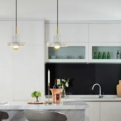 Natural Marble Stone Pendant Lamp – Postmodern Sculptural Hanging Light in Black, Dark Green or White Marble for Dining