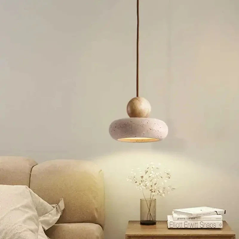 Natural Stone & Solid Wood Pendant Light – Vintage Minimalist Ceiling Lamp with Focused LED in Log or Walnut Finish