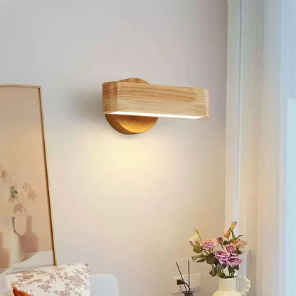 Rotating Japanese Wood Wall Lamp – Solid Wood & Aluminum Adjustable Wall Sconce with 3-Color Light for Bedroom & Reading