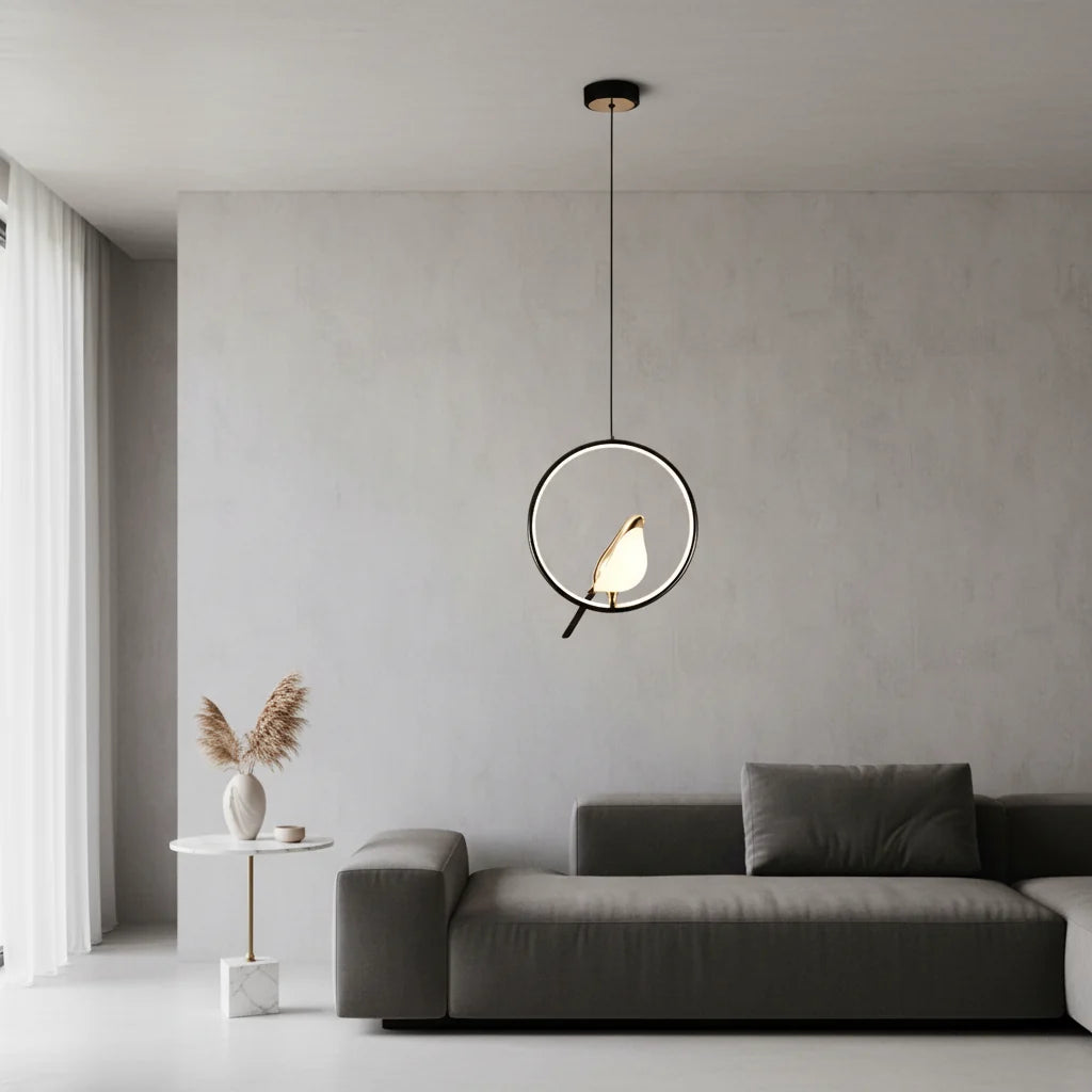 Nordic Magpie LED Pendant Light – Modern Bird Ring Chandelier, 31W Warm or Cool White Hanging Lamp for Dining & Living Room
