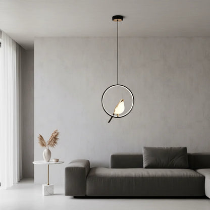 Nordic Magpie LED Pendant Light – Modern Bird Ring Chandelier, 31W Warm or Cool White Hanging Lamp for Dining & Living Room