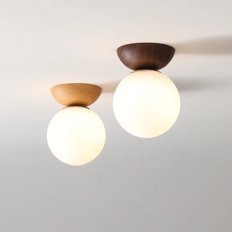 Nordic Opal Glass Globe Light with Wood-Effect Finish – Pendant or Ceiling Mount in Natural Wood or Walnut Look