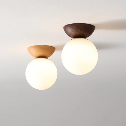 Nordic Opal Glass Globe Light with Wood-Effect Finish – Pendant or Ceiling Mount in Natural Wood or Walnut Look