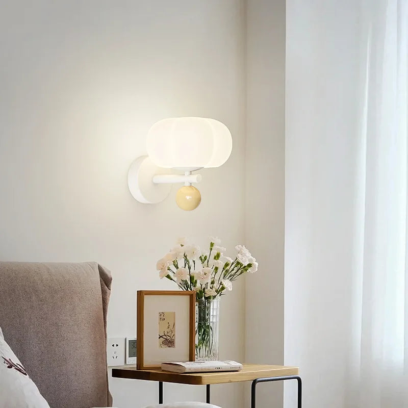 Nordic Pumpkin Glass Wall Lamp – Sculptural Frosted Glass & Metal Sconce in Red, Green or Beige, Warm or Cool White