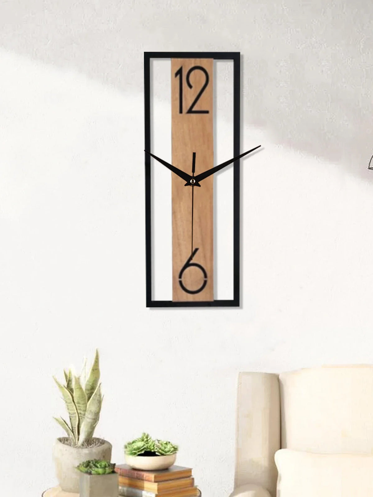 Modern Rectangular Wall Clock – Slim Wood Grain & Metal Frame Silent Clock, Minimalist Japandi Decor for Living Room & Office