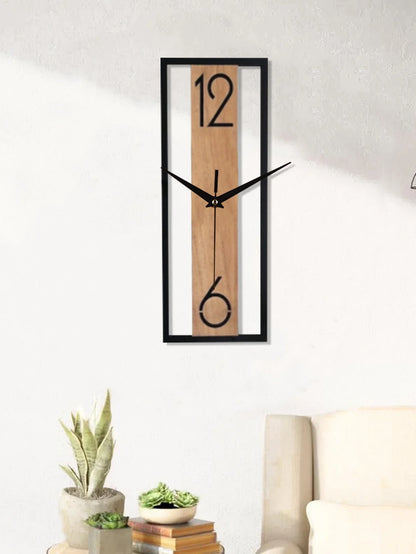 Modern Rectangular Wall Clock – Slim Wood Grain & Metal Frame Silent Clock, Minimalist Japandi Decor for Living Room & Office