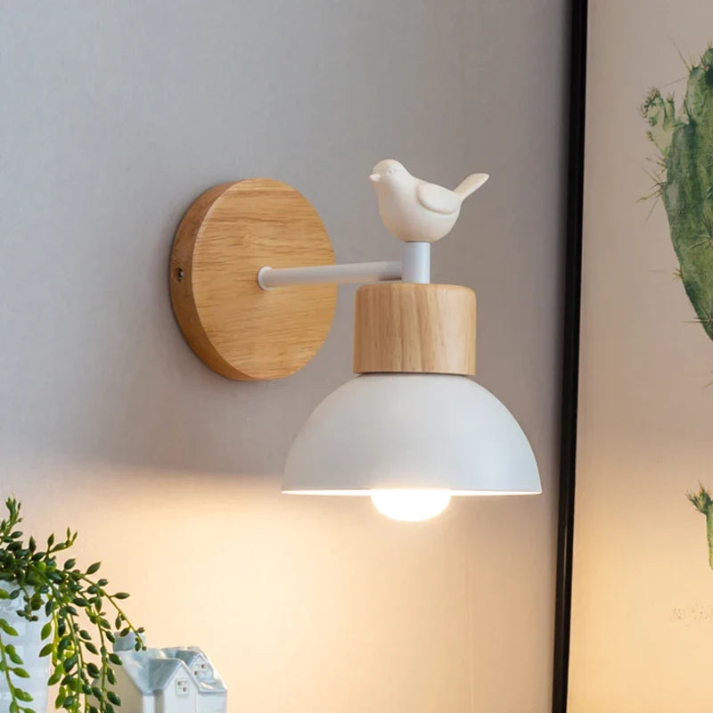 Nordic Wooden Bird Wall Lamp – Ceramic Bird LED Bedside Sconce with Solid Wood & Wrought Iron, E27 Bulb Included
