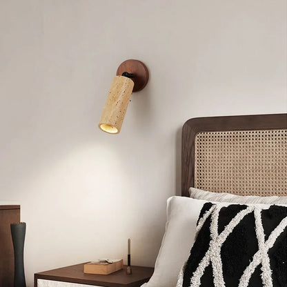 Huangdong Wabi-Sabi Travertine & Wood Wall Lamp – Japanese Natural Stone Wall Sconce with Focused Warm Light
