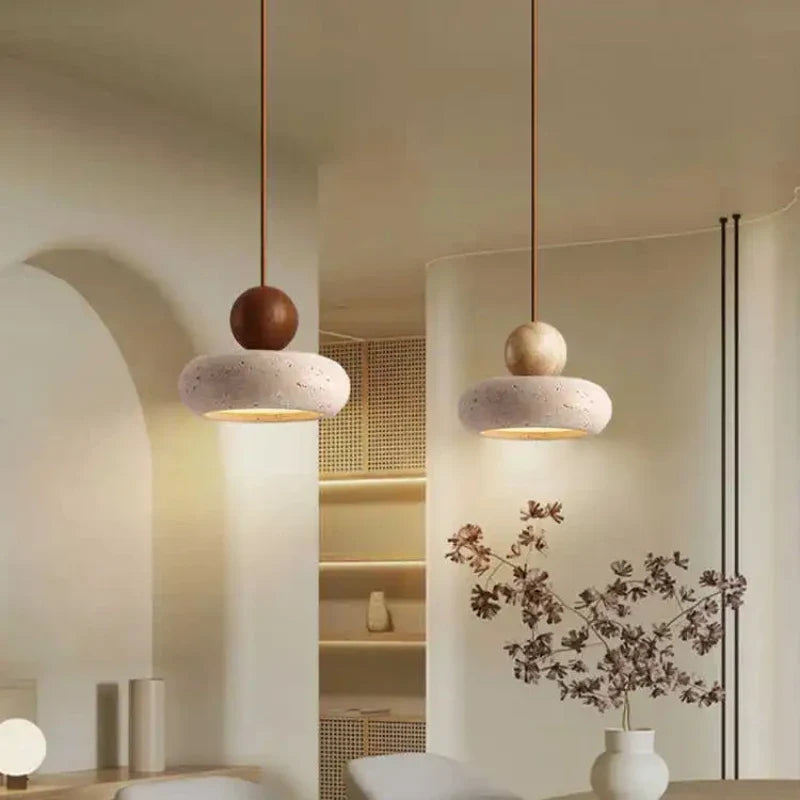 Natural Stone & Solid Wood Pendant Light – Vintage Minimalist Ceiling Lamp with Focused LED in Log or Walnut Finish