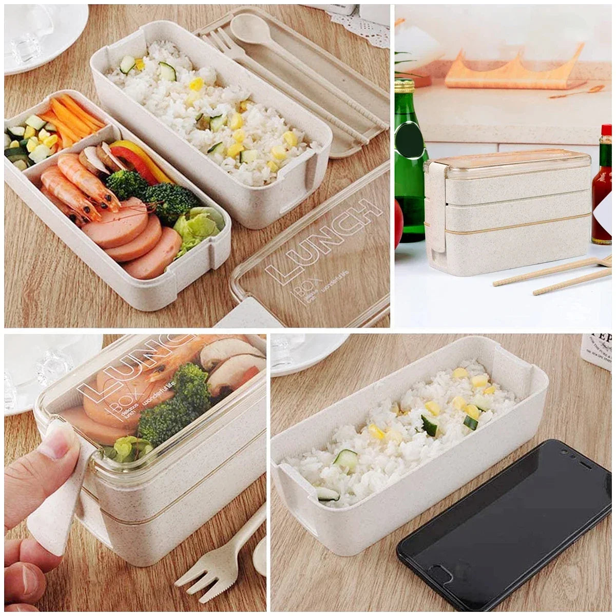 EcoStack 3-Tier Bento Lunch Box – Eco-Friendly Wheat Straw BPA-Free 900ml Stackable Food Container for School & Work