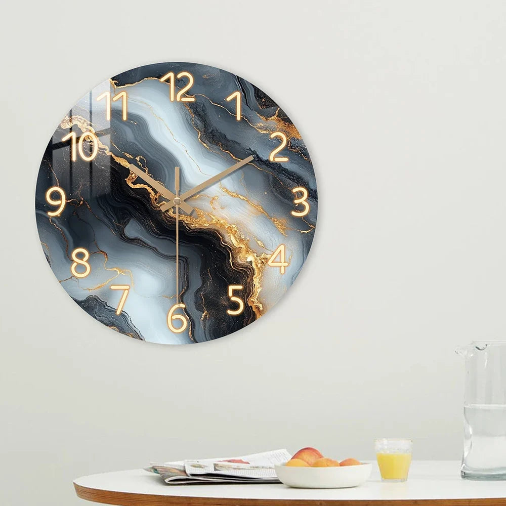 Blue & Gold Marble Wall Clock – Silent Wooden Art Clock with Glossy Tempered Finish, Luxury Decor in 4 Sizes
