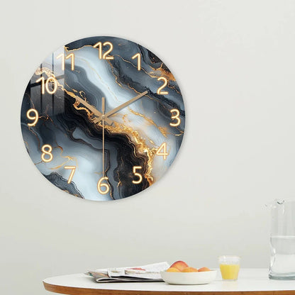 Blue & Gold Marble Wall Clock – Silent Wooden Art Clock with Glossy Tempered Finish, Luxury Decor in 4 Sizes