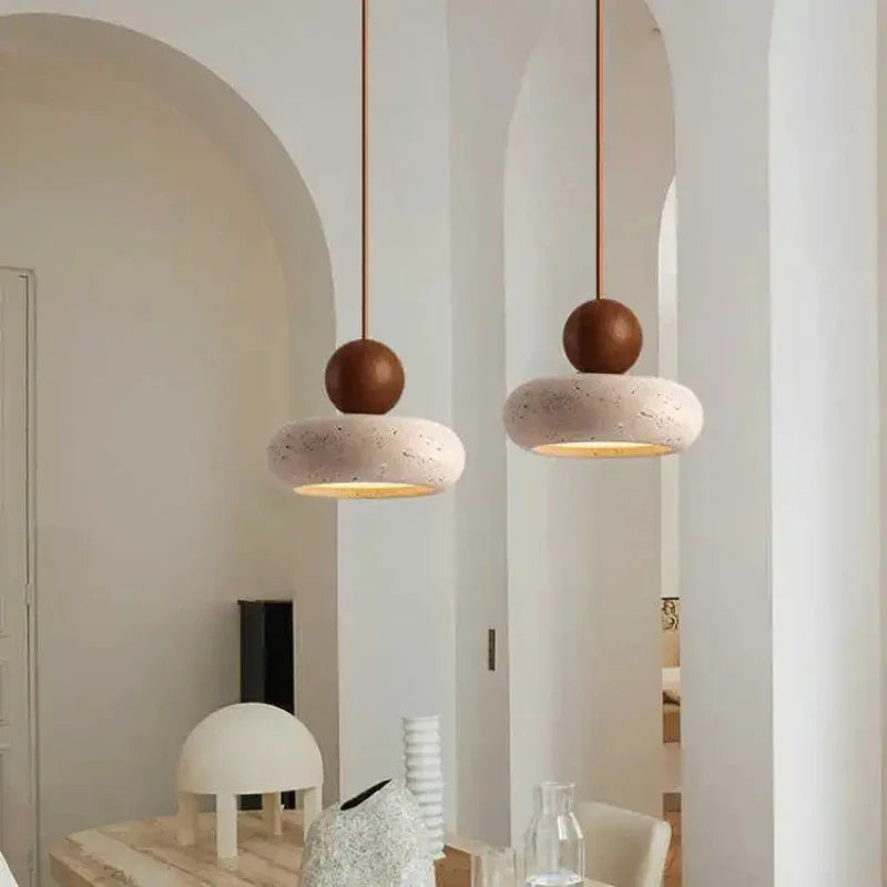 Natural Stone & Solid Wood Pendant Light – Vintage Minimalist Ceiling Lamp with Focused LED in Log or Walnut Finish