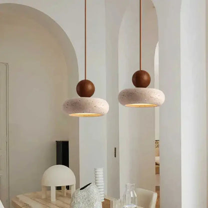 Natural Stone & Solid Wood Pendant Light – Vintage Minimalist Ceiling Lamp with Focused LED in Log or Walnut Finish