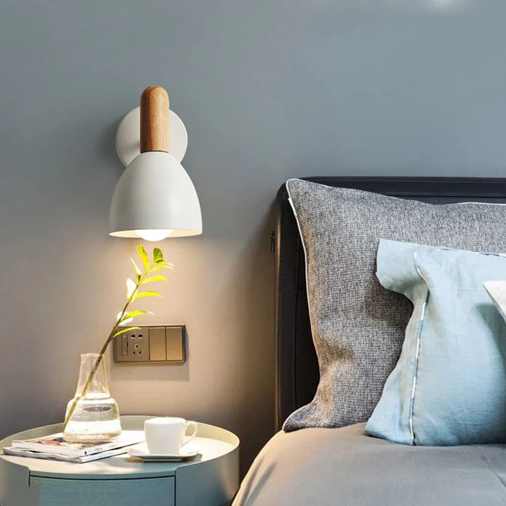 Nordic Rubberwood Adjustable Wall Lamp – 360° Rotating 90° Tilting Bedside Reading Sconce in White, Grey or Black