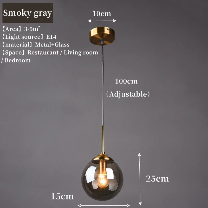 Modern Nordic Glass Globe Pendant Light – Clear, Amber or Smoke Grey Glass Hanging Lamp for Dining Room, Kitchen & Cafe