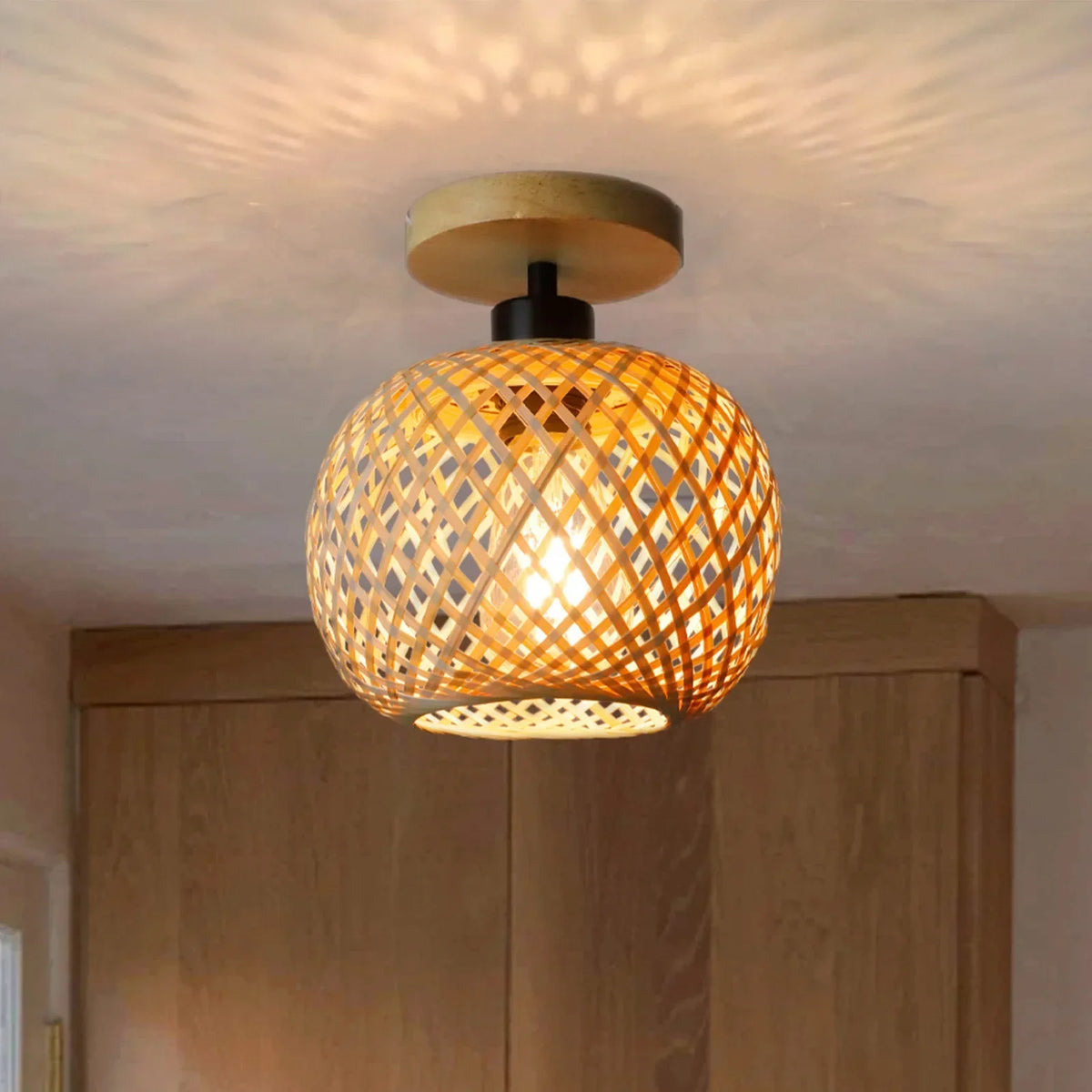 Natura Handwoven Bamboo & Rattan LED Ceiling Light – Natural Boho Woven Flush Mount Fixture for Dining Room, Bedroom & Hallway