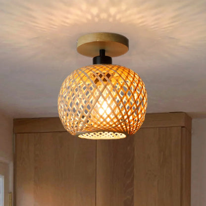 Natura Handwoven Bamboo & Rattan LED Ceiling Light – Natural Boho Woven Flush Mount Fixture for Dining Room, Bedroom & Hallway