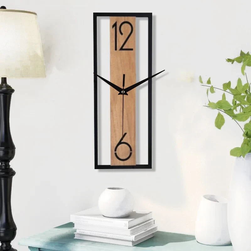 Modern Rectangular Wall Clock – Slim Wood Grain & Metal Frame Silent Clock, Minimalist Japandi Decor for Living Room & Office