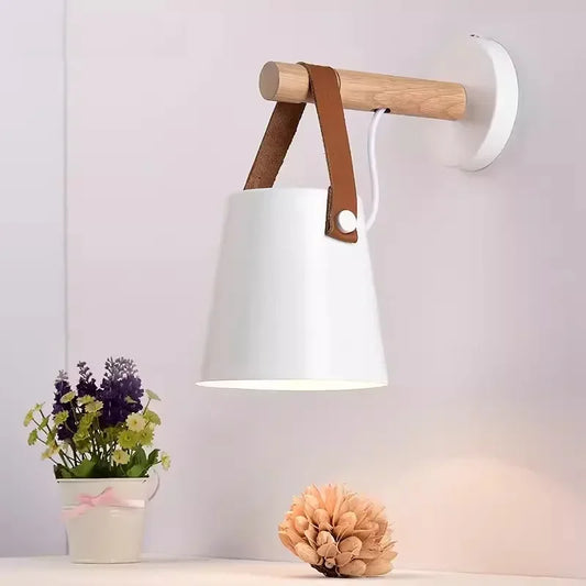 Nordic Wood & Leather Strap Hanging Wall Lamp – Scandinavian Bedside Light with Wooden Arm, Soft Downward Glow