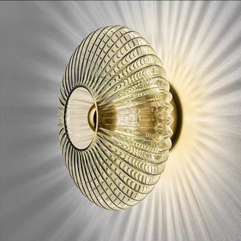 Nordic Vintage Ribbed Glass Wall Sconce – Striped Round Disc Art Deco Wall Light for Bedroom, Hallway & Living Room