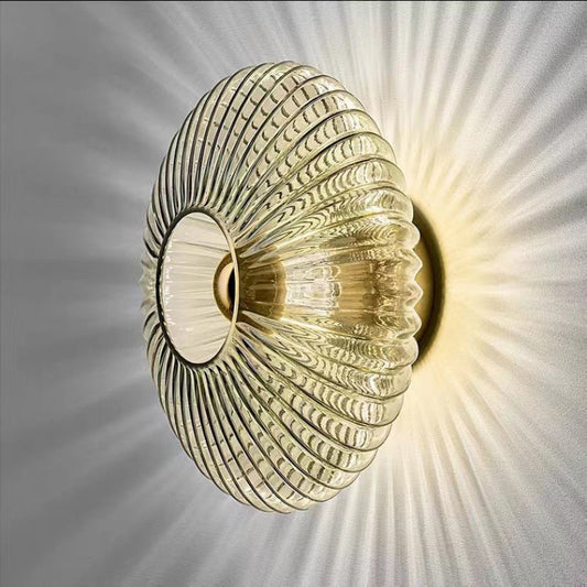 Nordic Vintage Ribbed Glass Wall Sconce – Striped Round Disc Art Deco Wall Light for Bedroom, Hallway & Living Room