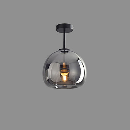 Nordic Glass Globe Semi-Flush Ceiling Light – Smoke Grey or Amber Glass Ball Fixture for Hallway, Bedroom & Living Room