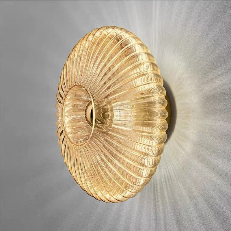 Nordic Vintage Ribbed Glass Wall Sconce – Striped Round Disc Art Deco Wall Light for Bedroom, Hallway & Living Room