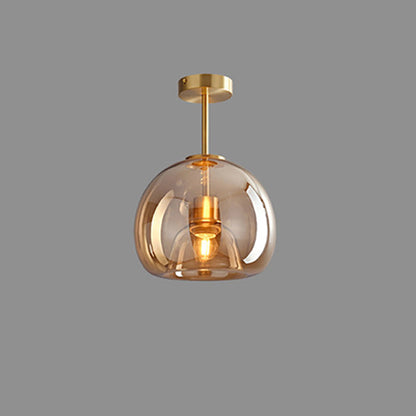 Nordic Glass Globe Semi-Flush Ceiling Light – Smoke Grey or Amber Glass Ball Fixture for Hallway, Bedroom & Living Room