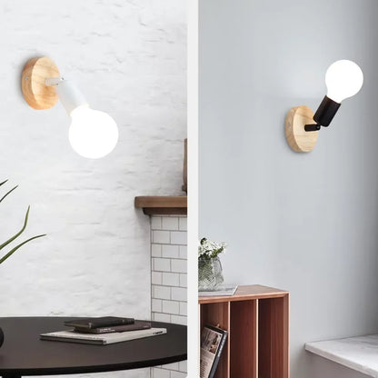 Vintage Retro Adjustable Wall Lamp – 180° Rotating Wood & Iron Sconce, Industrial Bedside Reading Light in Black or White