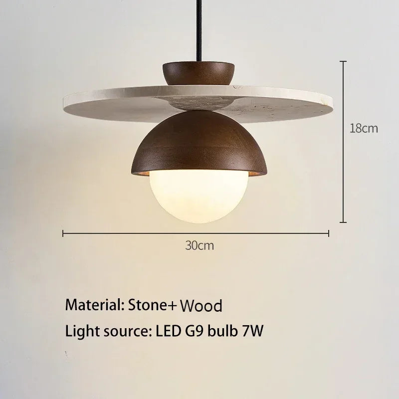 Denmark Walnut & Stone Pendant Light – Nordic Dome LED Chandelier with 7W G9 Bulb, Warm or Cool White for Dining & Bedroom