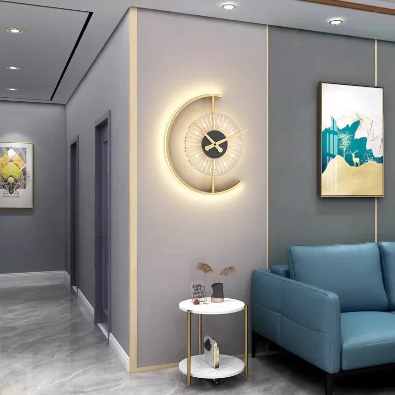 Lunaris Post-Modern LED Wall Lamp with Built-In Silent Clock – Golden Crescent Wall Sconce & Clock 2-in-1 Decor