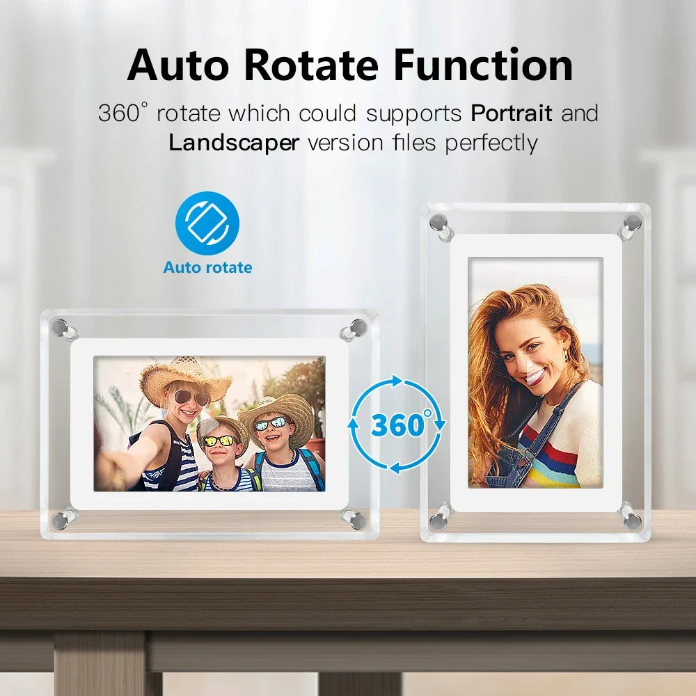 ClearFrame Acrylic Digital Photo Frame – 5 Inch IPS Display with Rechargeable Battery, Portable Video & Photo Player Gift