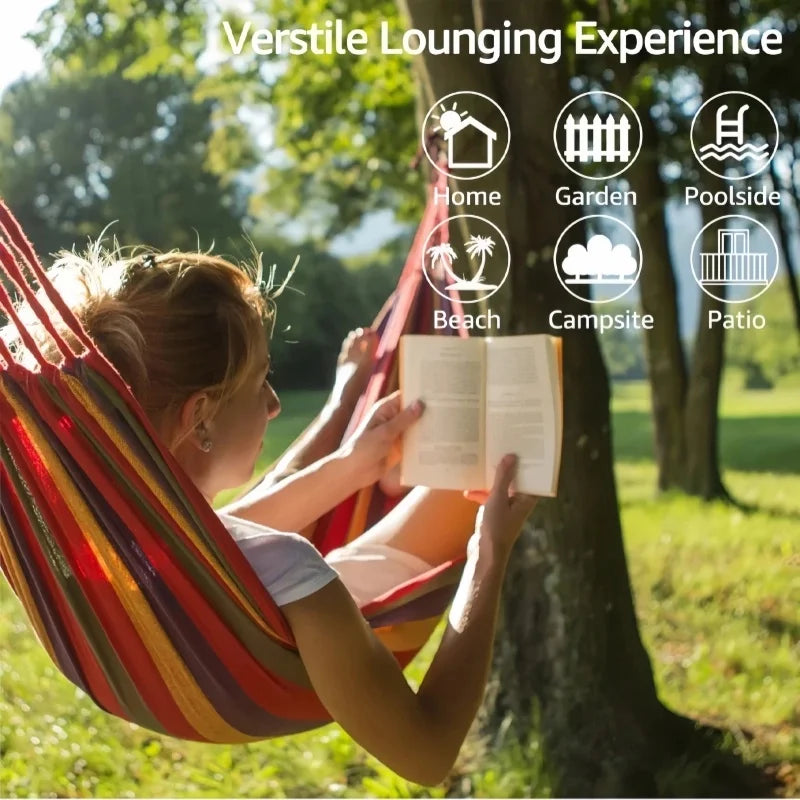 Striped Canvas Double Hammock – Soft Cotton Swing Bed for 2, 200 kg Capacity, Indoor & Outdoor Camping, Backyard & Patio