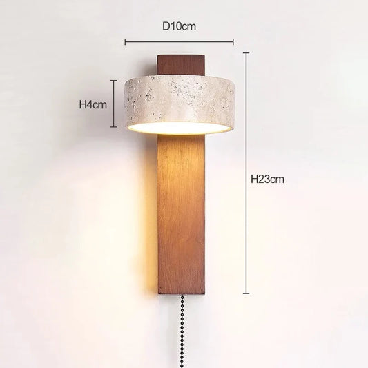 Éclat French Wabi-Sabi Wall Lamp – Solid Wood & Travertine Headboard Reading Light with Pull Switch for Bedroom