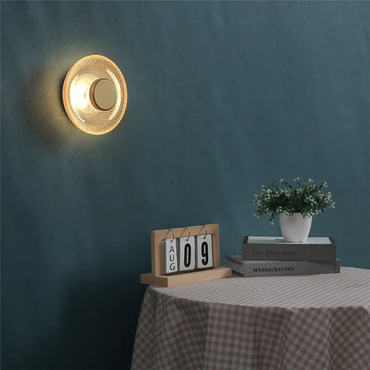 Modern Textured Colored Glass Disc LED Wall Light – Brushed Metal 17 cm Wall Sconce in Green, Clear, Smoke Grey or Amber