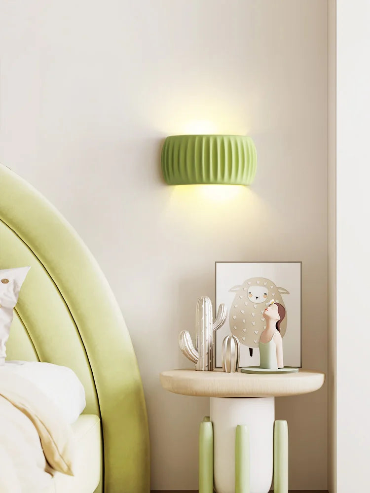 French Ribbed Resin Wall Lamp – Textured Up & Down Wall Sconce in Cream, Green or Brown Orange, Warm White for Bedroom & Hallway