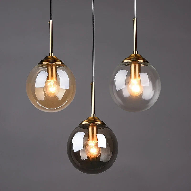 Modern Nordic Glass Globe Pendant Light – Clear, Amber or Smoke Grey Glass Hanging Lamp for Dining Room, Kitchen & Cafe