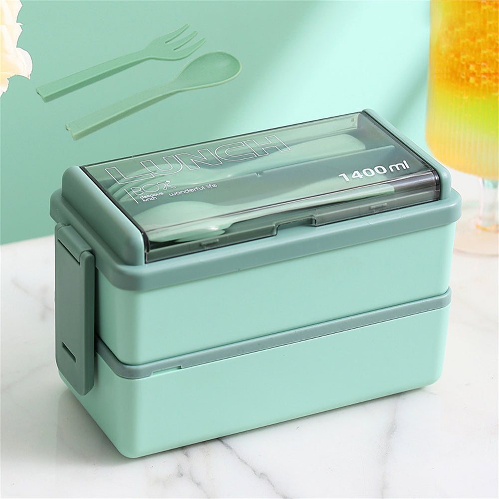 1400ml Double-Layer Bento Lunch Box with Fork & Spoon – Microwave-Safe Locking Food Container for Kids & Adults, Pink or Green