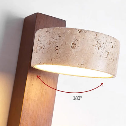 Éclat French Wabi-Sabi Wall Lamp – Solid Wood & Travertine Headboard Reading Light with Pull Switch for Bedroom